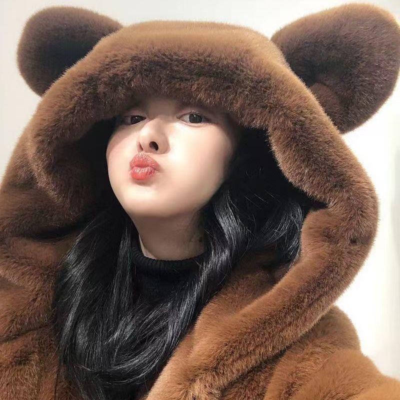 Autumn and winter imitation mink fur coat cute bear ears plush thickened loose medium and long coat women