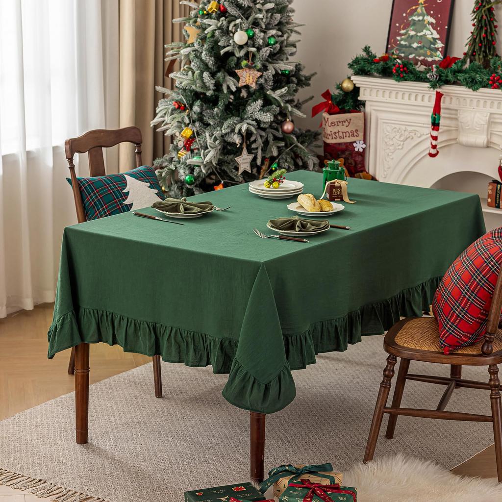 100% Cotton Table Cloth with Decorative Ruffle Edge Luxurious Soft Washable Tablecloth Rectangular for Kitchen Dining Wedding