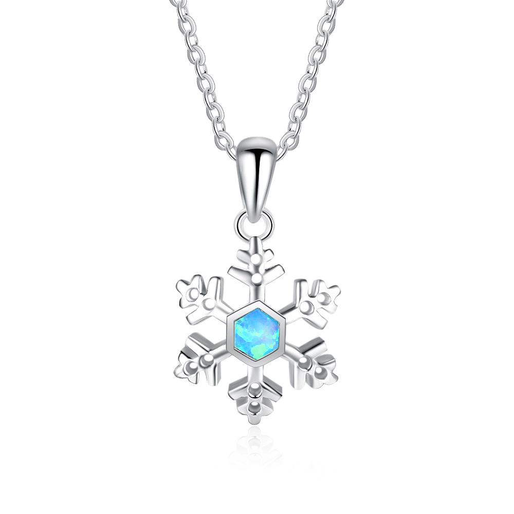 High Quality Genuine 925 Silver Christmas Snowflake Pendant Necklace Blue Opal Sweater Clavicle Chain