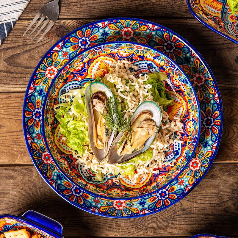 7in or 8in Bohemian Ceramic Plate High Appearance Level Home Creative Dish Plate Fruit Plate Steak Plate Deep Plate Disc Cutlery