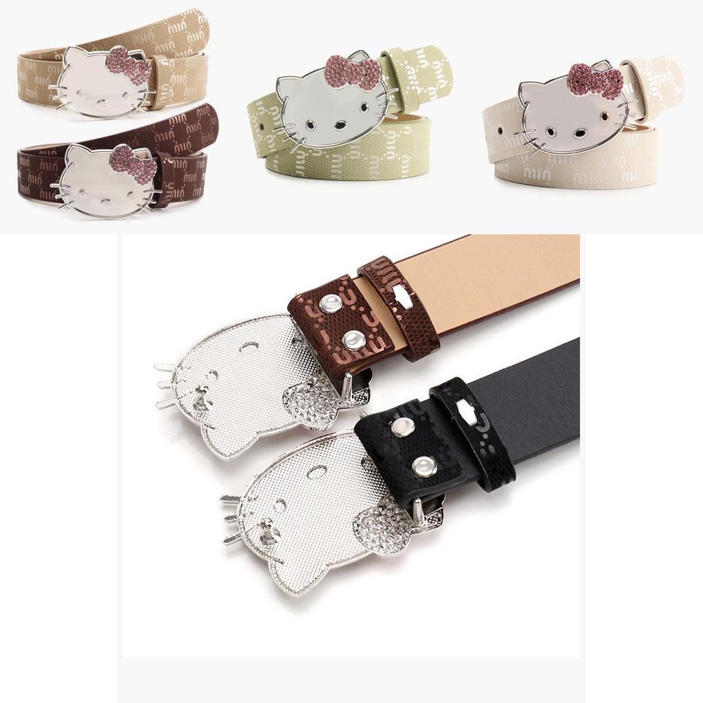 Metalowy Pasek Damski Hello Kitty z Nadrukiem Litery i Cyrkoniami do Codziennego i Eleganckiego Ubioru