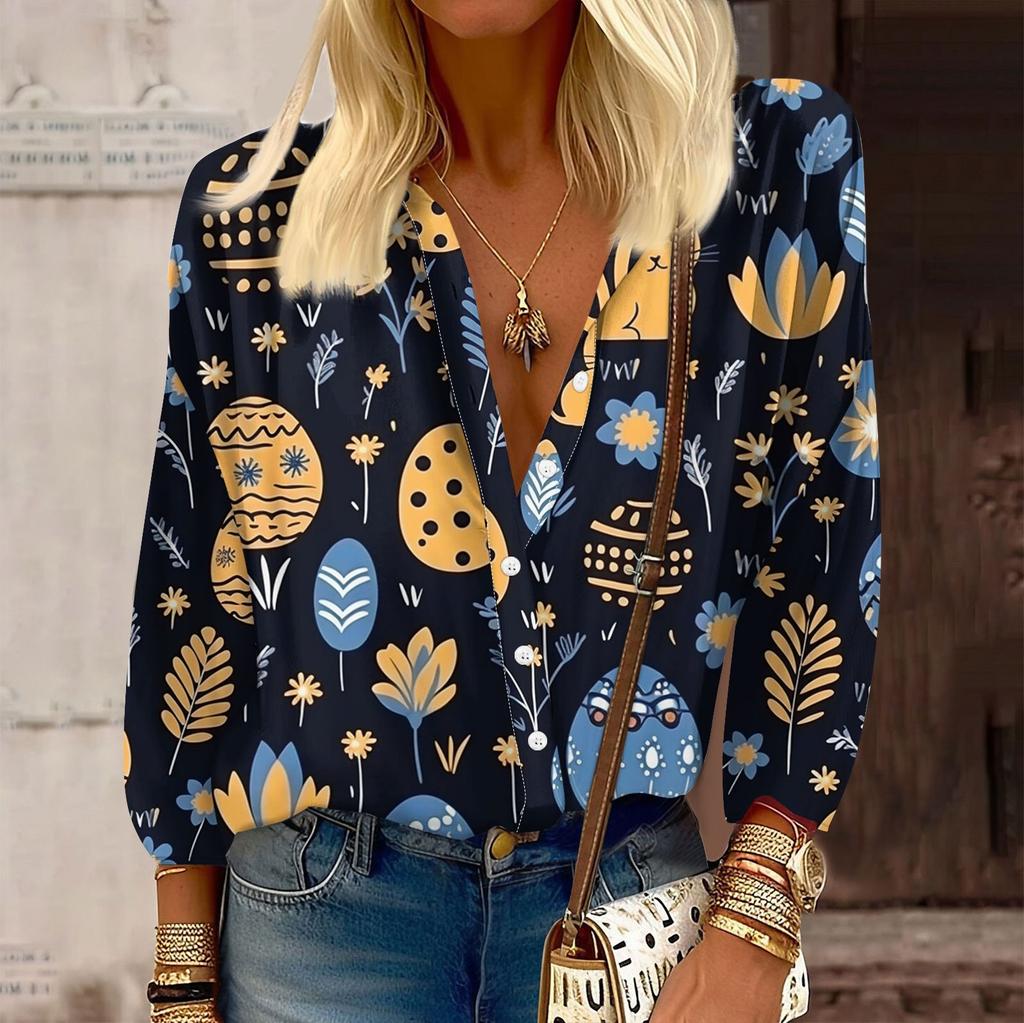 Women's Shirt Button Casual Easter Print Fashion Round Neck Drop Shoulder Seven Sleeve Shirt Top