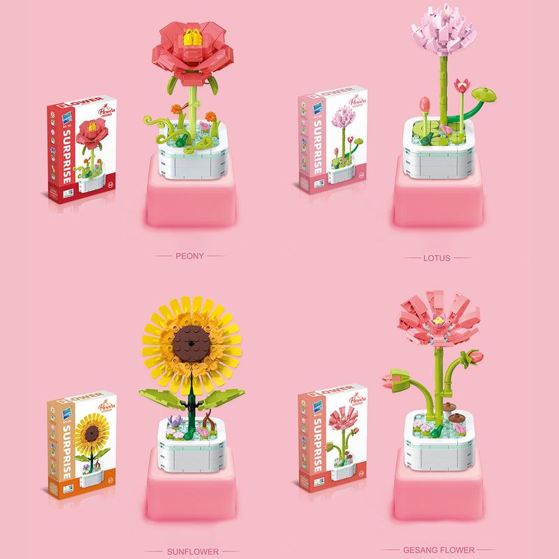 Bouquet Building Block Set Plant Potted Bricks Toys Sunflower Rose Tulip Simulation Flower Desktop Ornament Girls Romantic Gifts