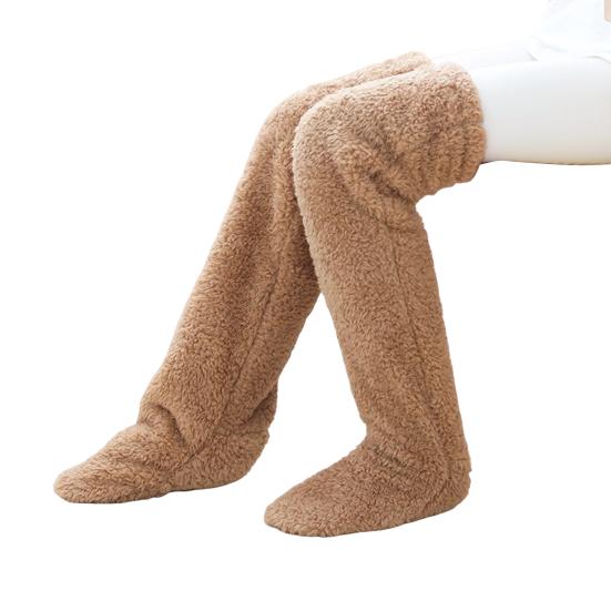 Fuzzy Thigh-High Socks Fluffy Leg Warmers Thickened Plush Over The Knee Socks with Sole Holes for Winter Home Lounging Sleeping
