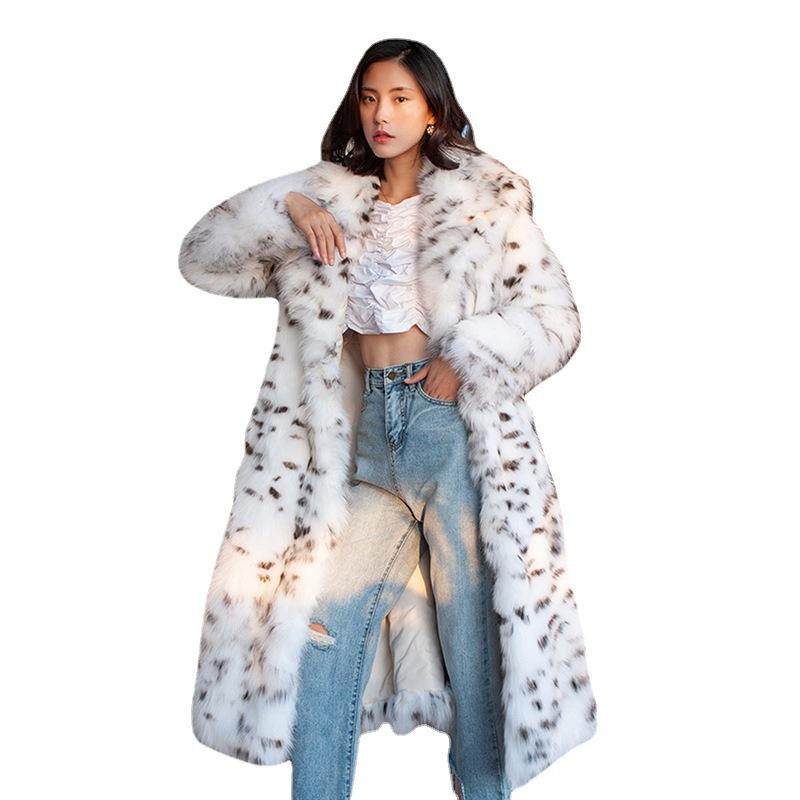Abrigo Largo de Invierno Cálido para Mujer con Estampado de Leopardo Nieve y Cuello de Solapa de Piel Sintética