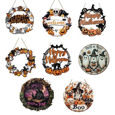 Halloween Dekoration Hölzerner Halloween Türkranz für Haustürschilder Hund Kürbis Hängeschilder für Heimwanddekorationen
