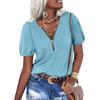 Women's Casual Fashion Zipper V-neck Solid Color Short Sleeve Top