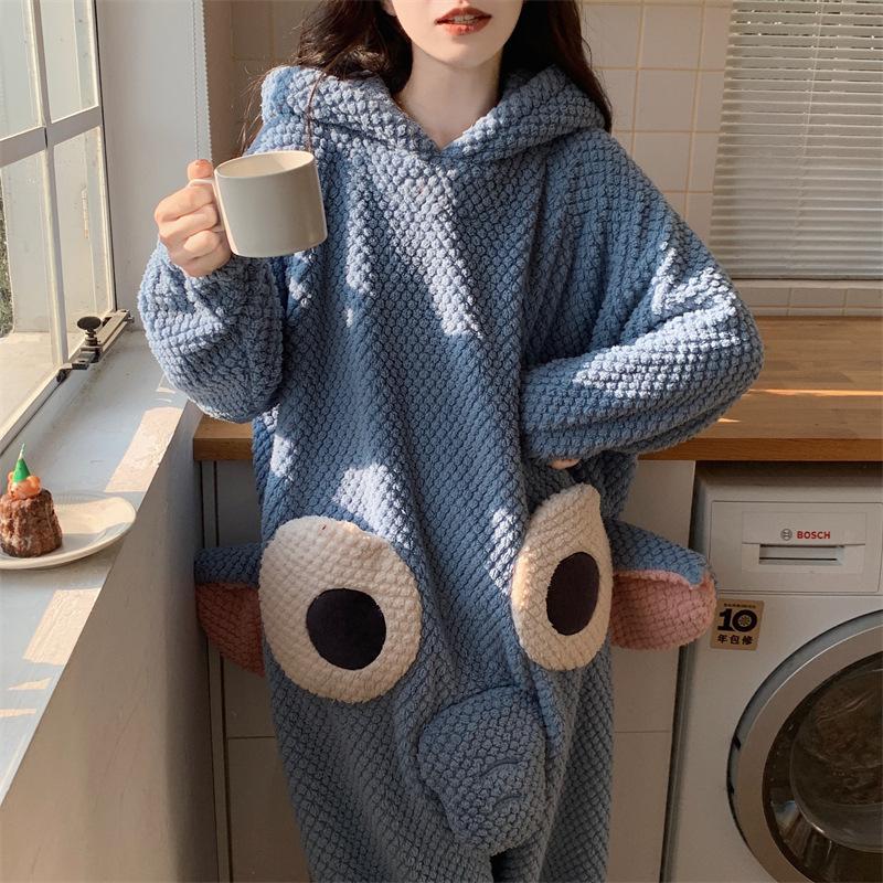 Women's Sweet and Cute Cartoon Pajamas Hooded One-piece Pajamas Loose Casual Coral Fleece Pajamas Flannel Home Clothes
