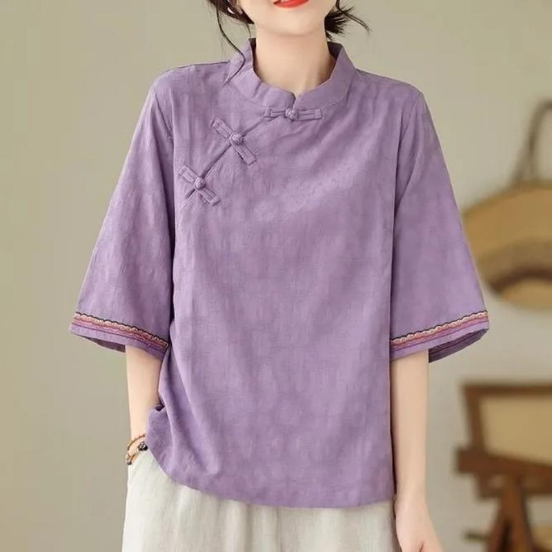 Middle-aged and Elderly Ethnic Style Slant-front Buttoned Embroidered Shirt Loose Stand-up Collar Cotton Mid-sleeves Jacquard Literary Retro