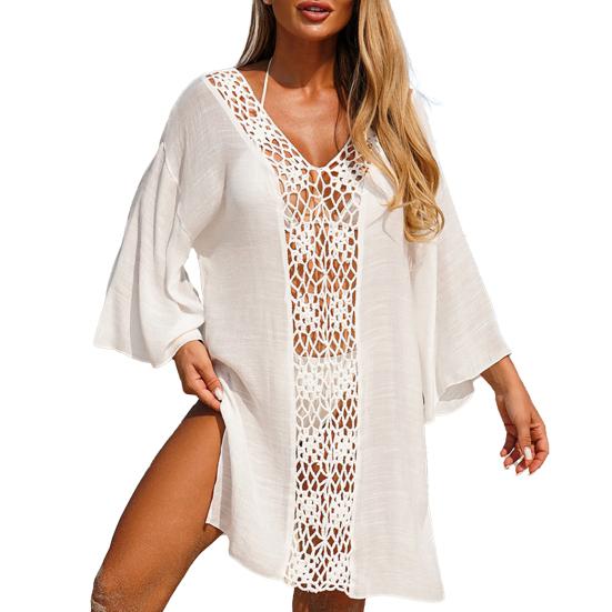 Cover Up Dress V-neck Long Sleeve Hollow Splicing Design Beach Cover Up Dress Pure Color Poolside Beachwear