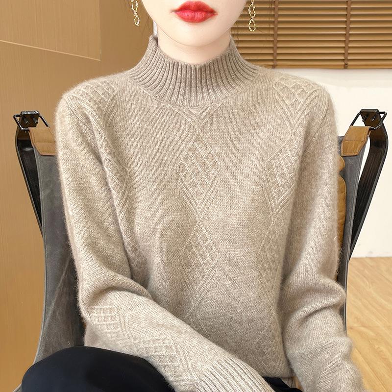 Women's Diamond Pattern Wool Pullover - Semi-High Neck, Thick, Autumn/Winter Knit