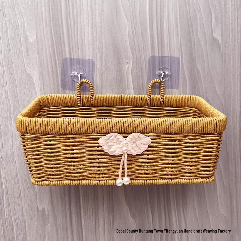 Wall-Mounted Rattan-Style Storage Rack for Kitchen & Bathroom
