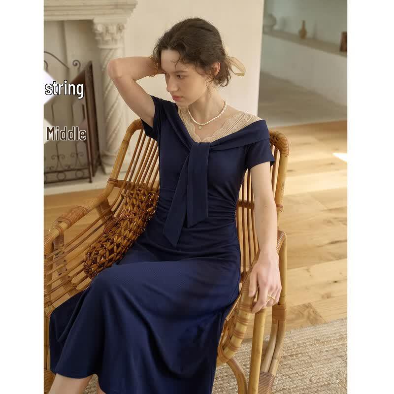Demana Summer V-Neck Lace-Trimmed A-Line Dress L темно-синий