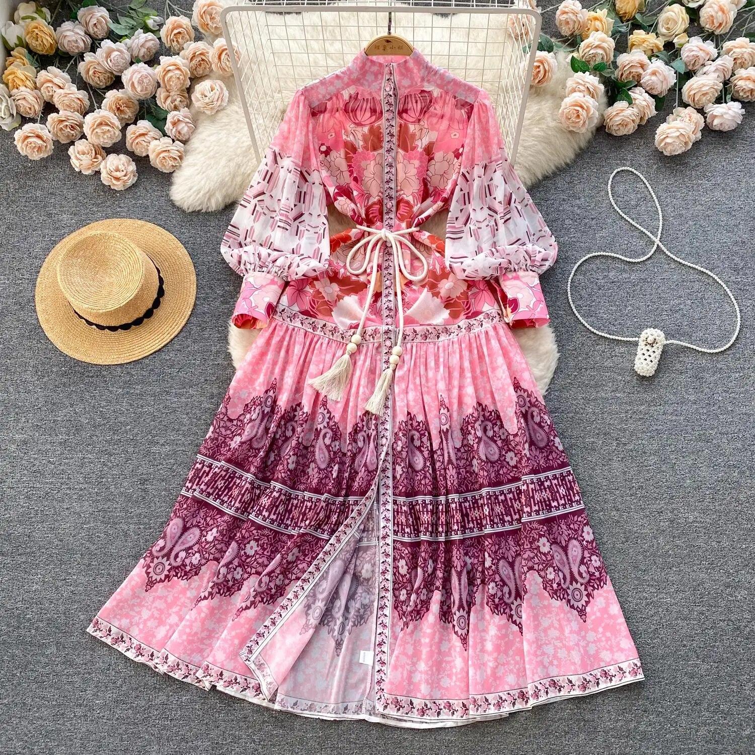 

Великолепное готическое платье макси женское с воротником-стойкой и длинными рукавами-фонариками на пуговицах с цветочным принтом в стиле пэчворк, элитное шифоновое бандажное платье XXL