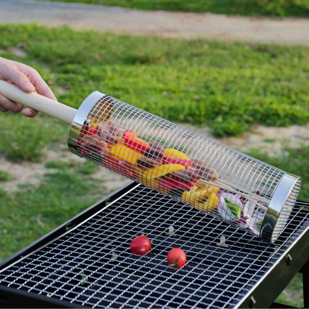 2/3Pcs Set Stainless Steel Rolling Grilling Basket Cylinder Barbecue Cage BBQ Basket Camping