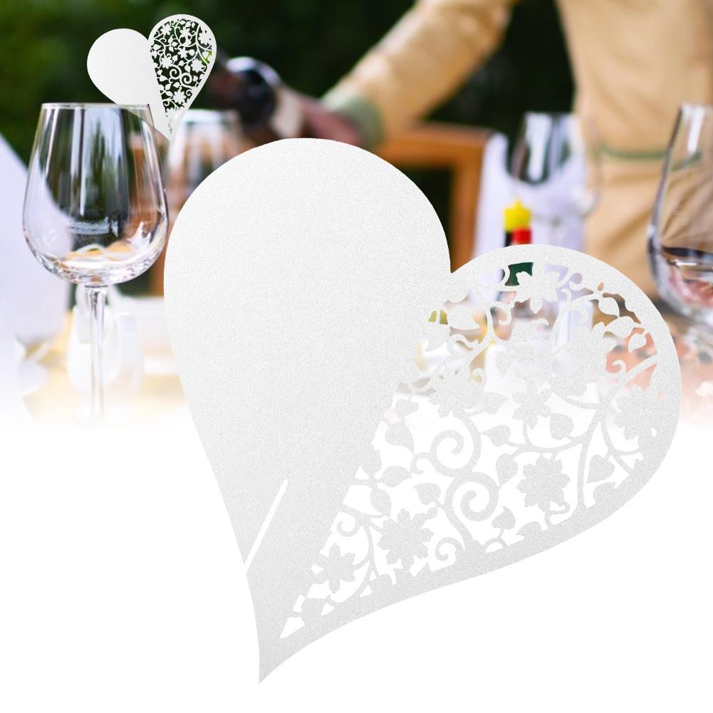 50pcs Heart Shape Wedding Hollow Name Place Cards For Wine Glass Table Decoration(White)