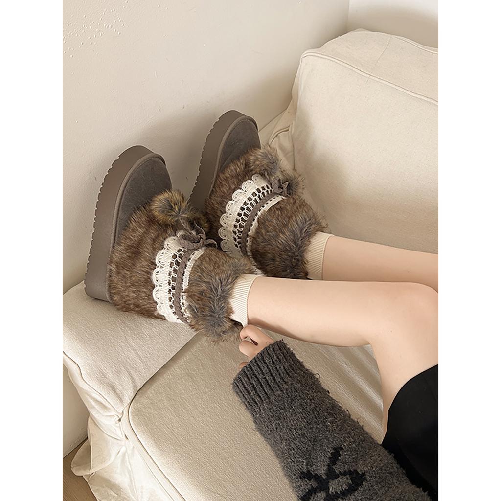 Brown retro non-slip thick-soled fluffy snow boots women's winter heightening warm piled thickened cotton shoes