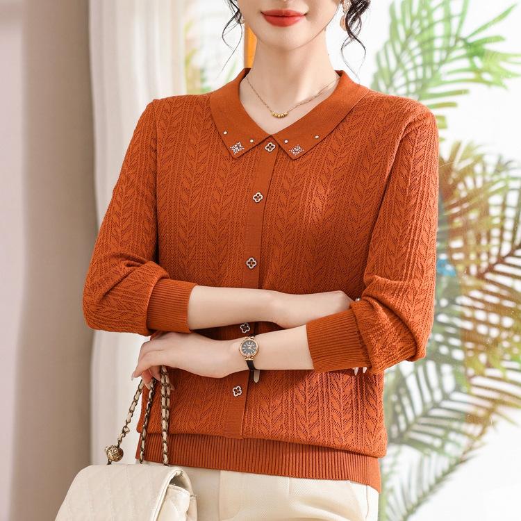 

Middle-aged and Elderly Lapel Autumn Clothes New Knitted Sweater Top Mother Spring and Autumn Long-sleeved Sweater Fashionable Base Shirt XL оранжевый