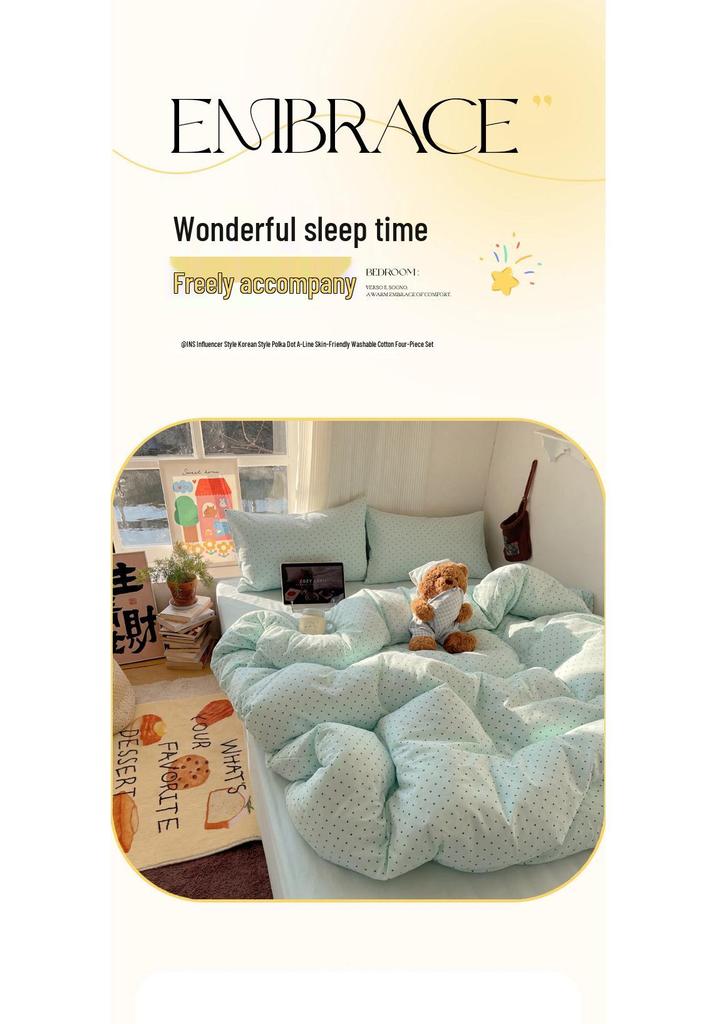 Korean Style Polka Dot Cotton Bedding Set - Student Dormitory A-Class, Skin-Friendly, 3-Piece