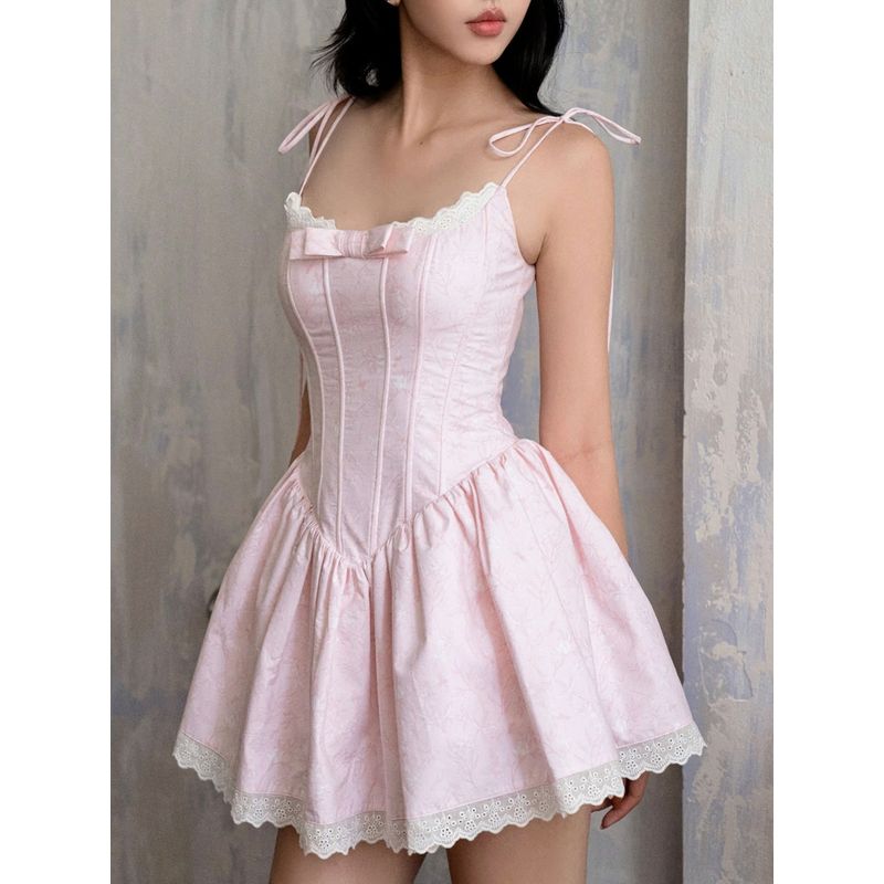 Girl Dingge Sweet Summer Vietnamese Niche Escaped Princess Sweet Bow Lace Edge Puffy Sling Dress