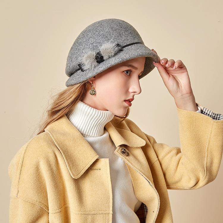 2024 Autumn And Winter New Woolen Basin Hat Versatile Dome Top Hat Women British Belt Felt Hat Bucket Hat