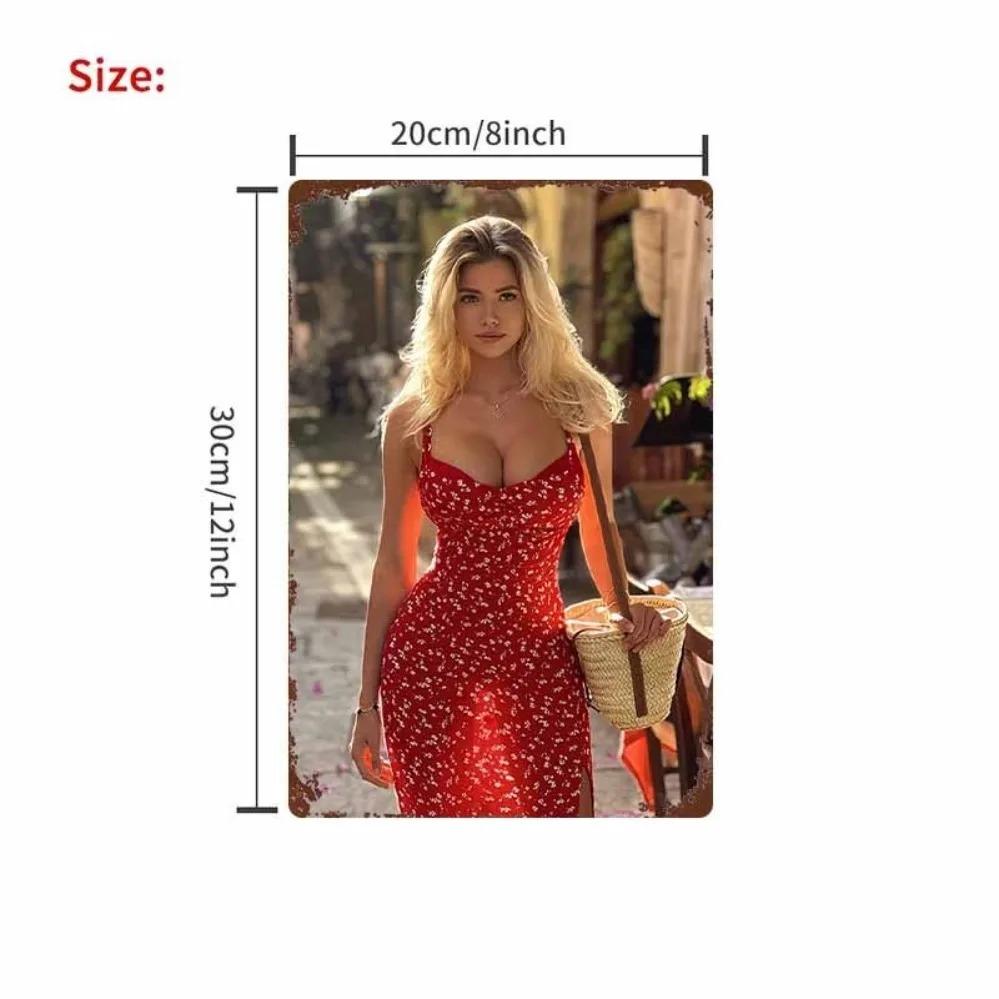 Vintage Metallwanddekoration - Schöne Blonde Frau Rotes Blumenkleid Haus Restaurant Bar Café Klassisches Schild