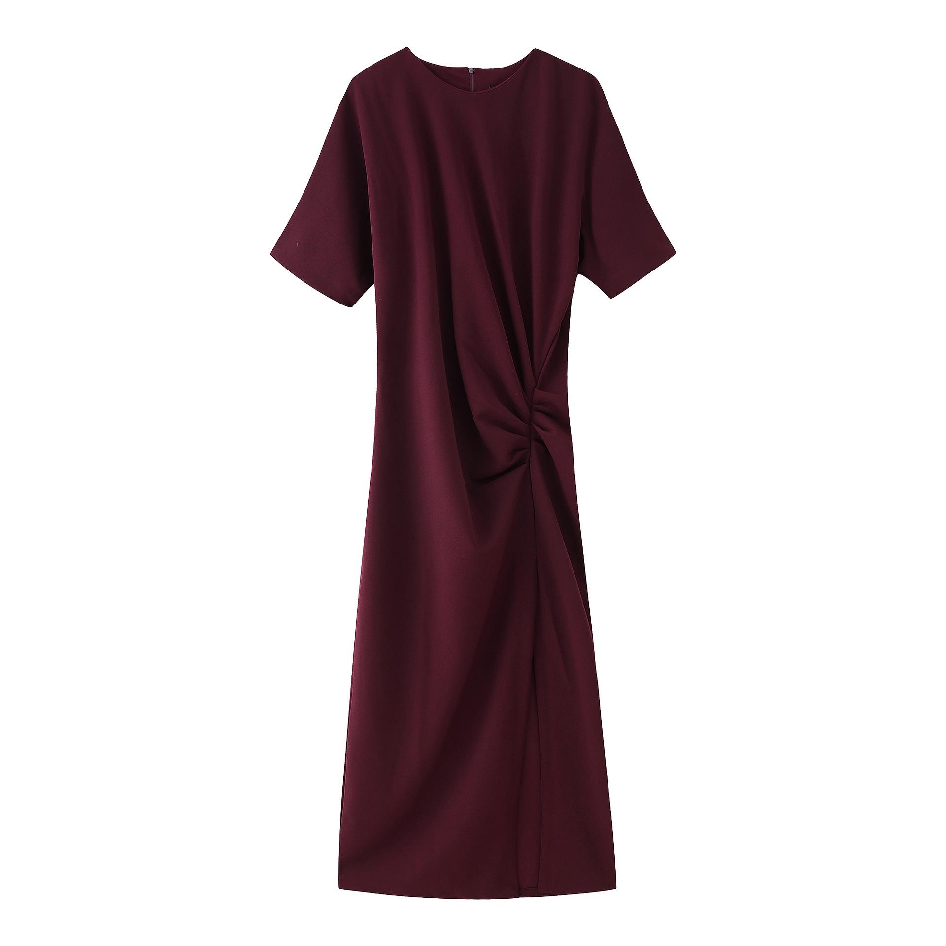 

Весна 2025 Женское плиссированное миди-платье в европейском и американском стиле - Короткий рукав, Круглый вырез Medium красный