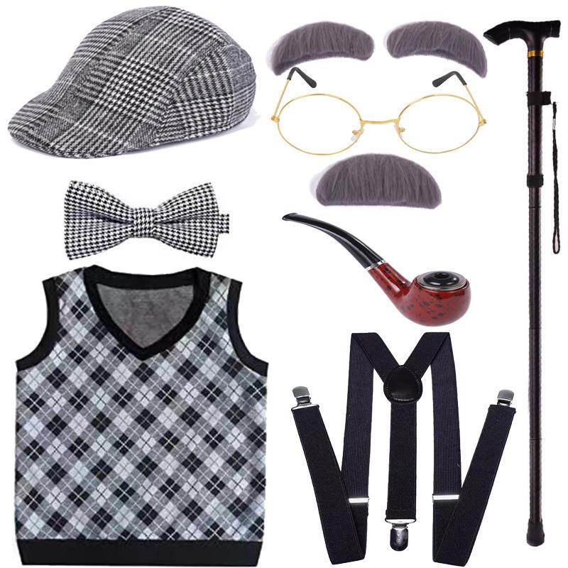 Children's Halloween Grandpa Costume Set with Beard, Scepter, Cigarette Holder, Vest, Bow Tie, and Dress Props for Performances.