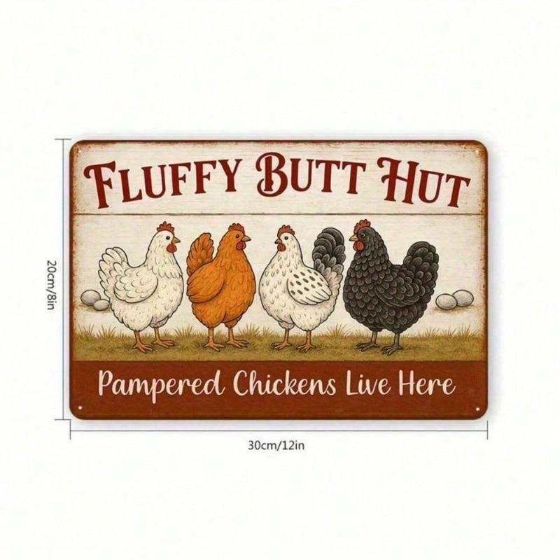CocoButt Hut Funny Chicken Tin Sign Vintage Metal Wall Decor 8x12 Inches, Farmhouse Kitchen Rustic Country Wall Art, Fluffy Butt