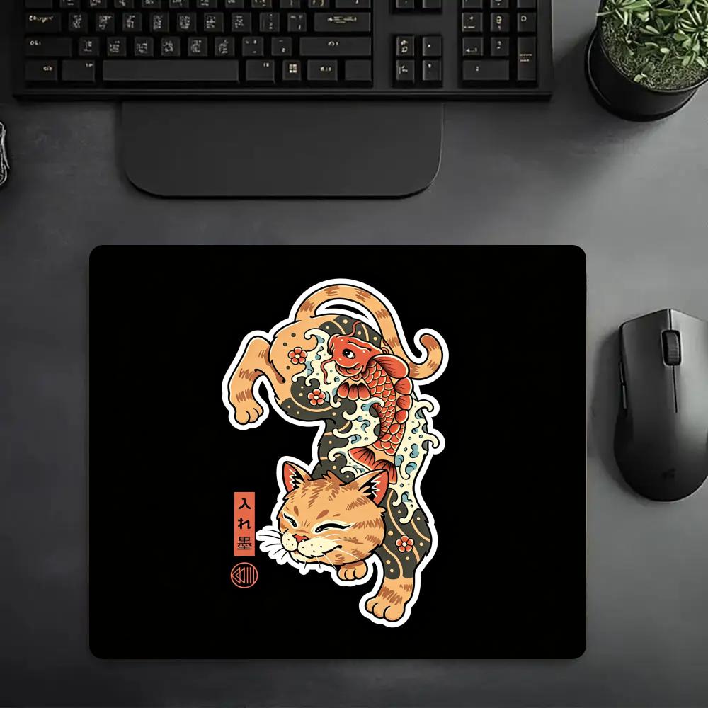 Japan Samurai Cat Mouse Pad 18X22 Small Laptop Computer Office Table Mats PC Gaming Esports MousePad HD Non-Slip Rubber Desk Mat