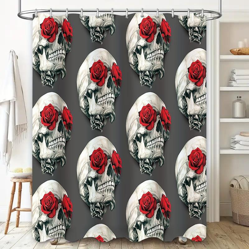 Totenkopf Duschvorhang Gotisch Blumig Totenkopf Wandteppich Dunkle Wohnkultur Halloween Gruselig Waschbar Badezimmer-Set Vintage Totenkopfkunst