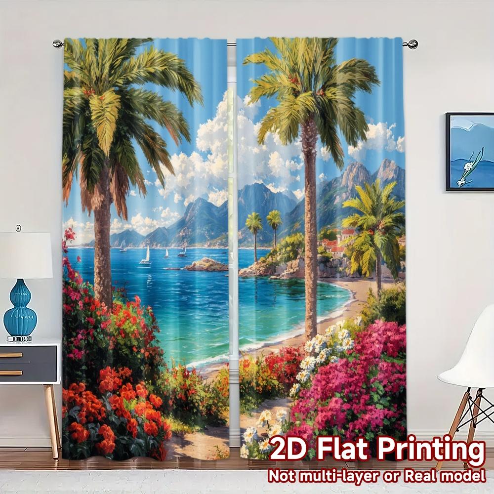 

Set Of 2 Flat Printing Curtains Without Rod Tropical Escape Semi Outdoor Decorations Modern Sheer Made Polyester W100*H70(CM)-Rod Pocket&1PCS