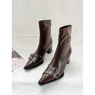 2025 Autumn and Winter Pointed Belt Buckle Thick Heel Short Boots Women's European and American Style High Heel Rear Zipper Soft Leather Thin Short B