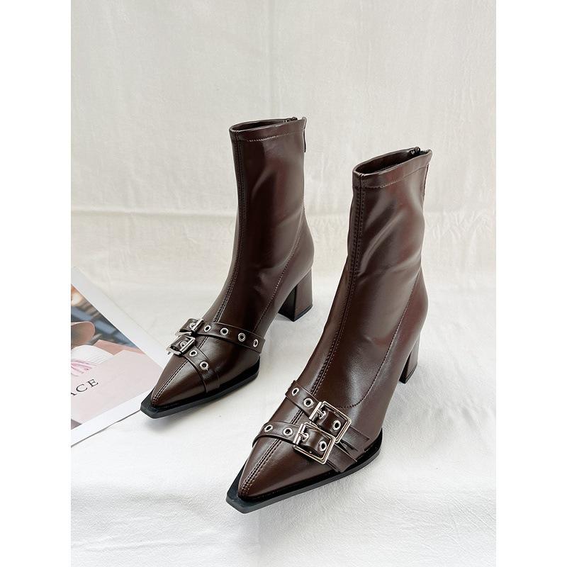 2025 Autumn and Winter Pointed Belt Buckle Thick Heel Short Boots Women's European and American Style High Heel Rear Zipper Soft Leather Thin Short B