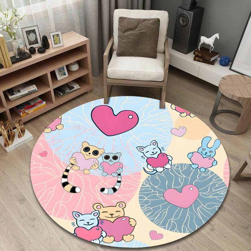 Cute Animals Hearts Cute Animals Holding Hearts Pattern Round Rug, Pastel Heart Animal Pattern Design, Animal Heart Repeat, Soft Touch