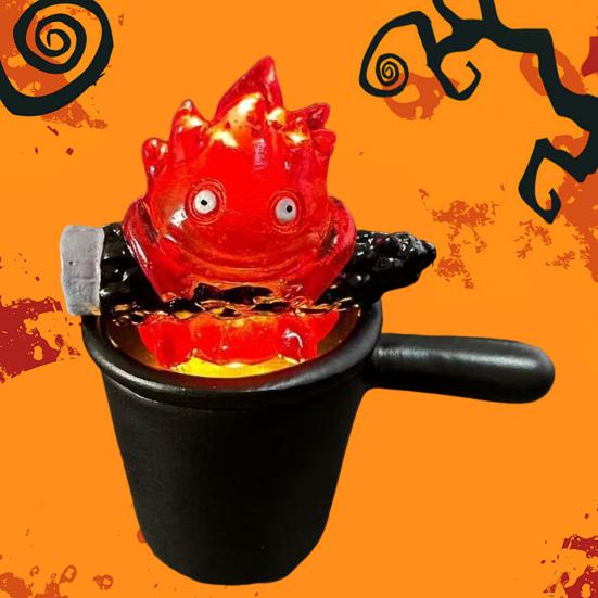 Rozkošná lampička Calcifer, soška, noční světlo, kreslený tvar, teplé oranžové světlo plamene, dekorace do ložnice, kanceláře