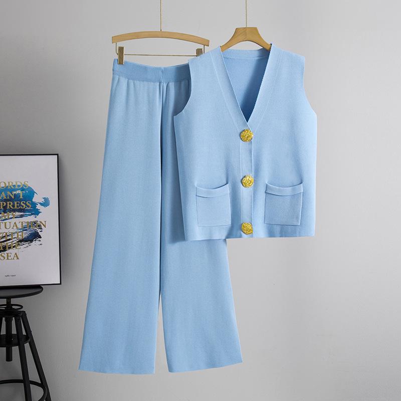 2025 Letní Móda Dvoudílný Pletený Vesta na Knoflíky & Sada Dlouhých Kalhot