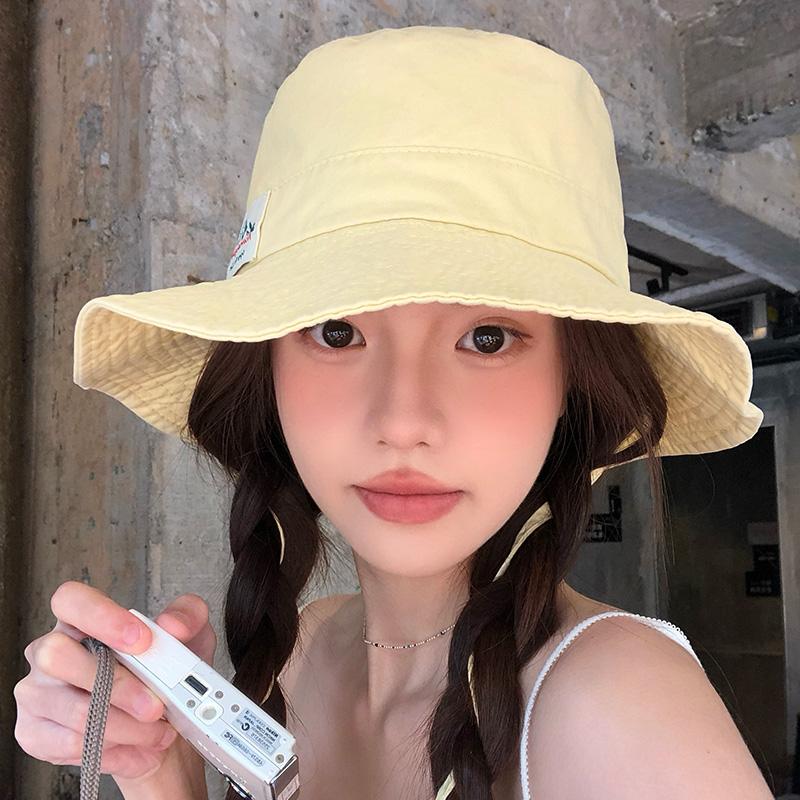 Japanese Fashion Sticker Label Design Bucket Hat Women'S Spring Summer Outdoor Big Brim Sunshade Lace-Up Sun Cap Gorras
