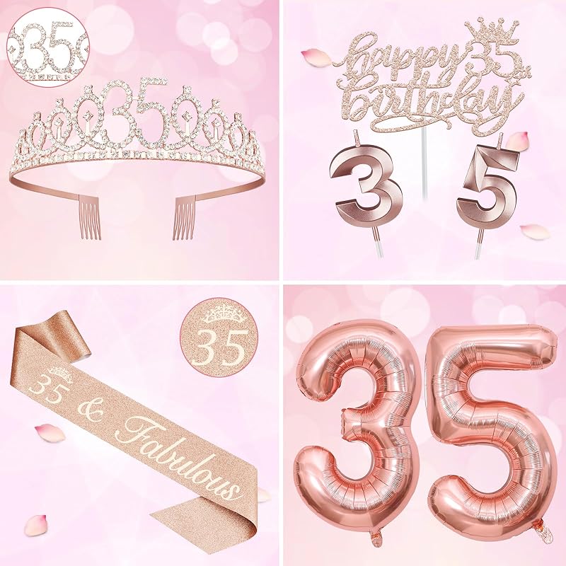 35th Birthday Decorations for Women, Including 35th Birthday Sash for Women, Tiara/Crown, Number 35 Candles and Birthday золотой