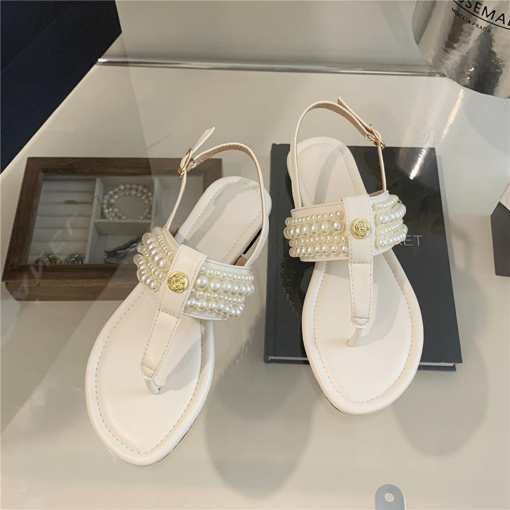 Fashion Beige Heeled Sandals Clear Shoes Slip-on Loafers Summer Women's Flip Flops Platform Soft Black Pearl Outside Elastic Band Girls