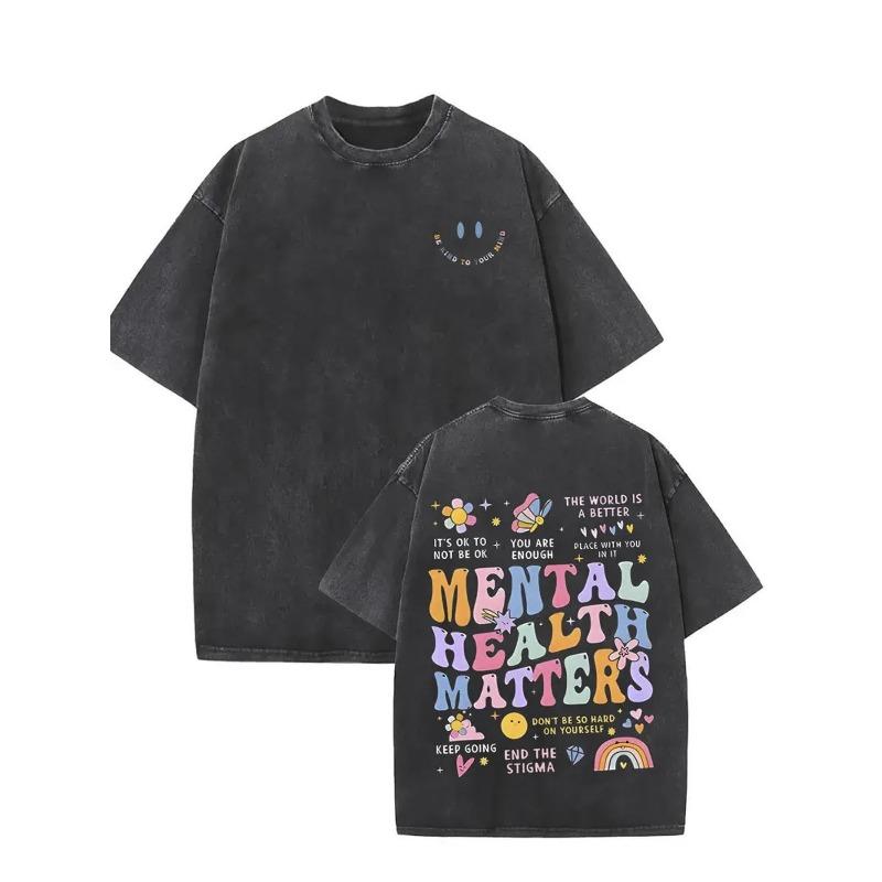 

Vintage-Inspired Mental Health Matters Graphic Cotton T-Shirt, Dual-Sided Wash, Retro Cartoon Letter Print, Round Neck, All-Season Casual Wear S чёрный