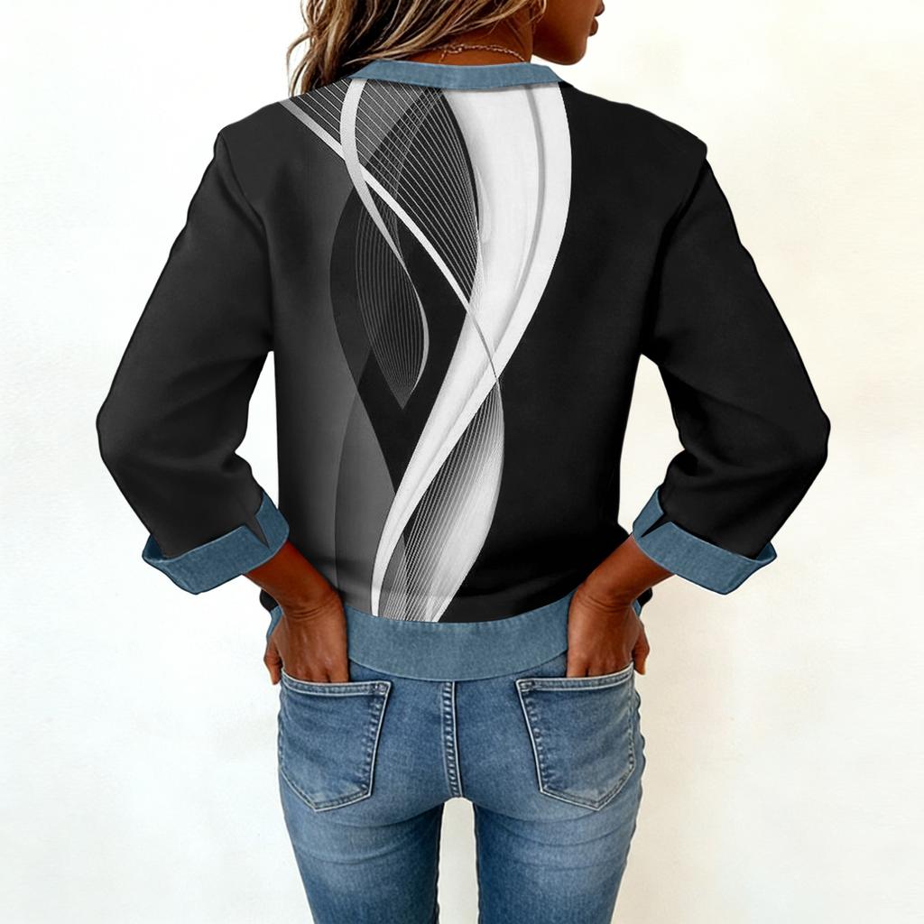 Damen Jeanskragen Patchwork Nähte Sweatshirt Lässig Pullover Langarmshirts