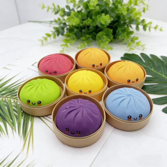 12Pcs Steamed Bun Stress Ball with Steamer Anti-Anxiety Glitter Cartoon Dumpling Squeeze Toy Simulated Dough Ball Fidget Sensory Toy