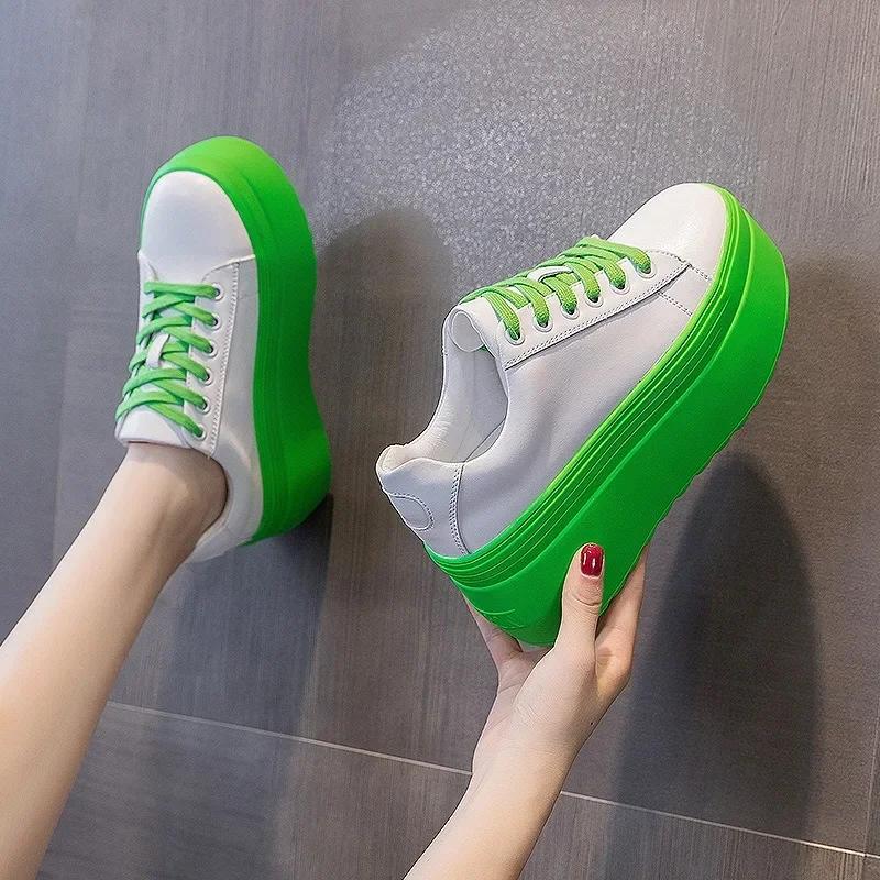 Fashion High quality 8cm Super High Platform Wedge Sneakers Genuine Leather Shoes Women Spring Autumn Green White Shoes Summer Sneakers