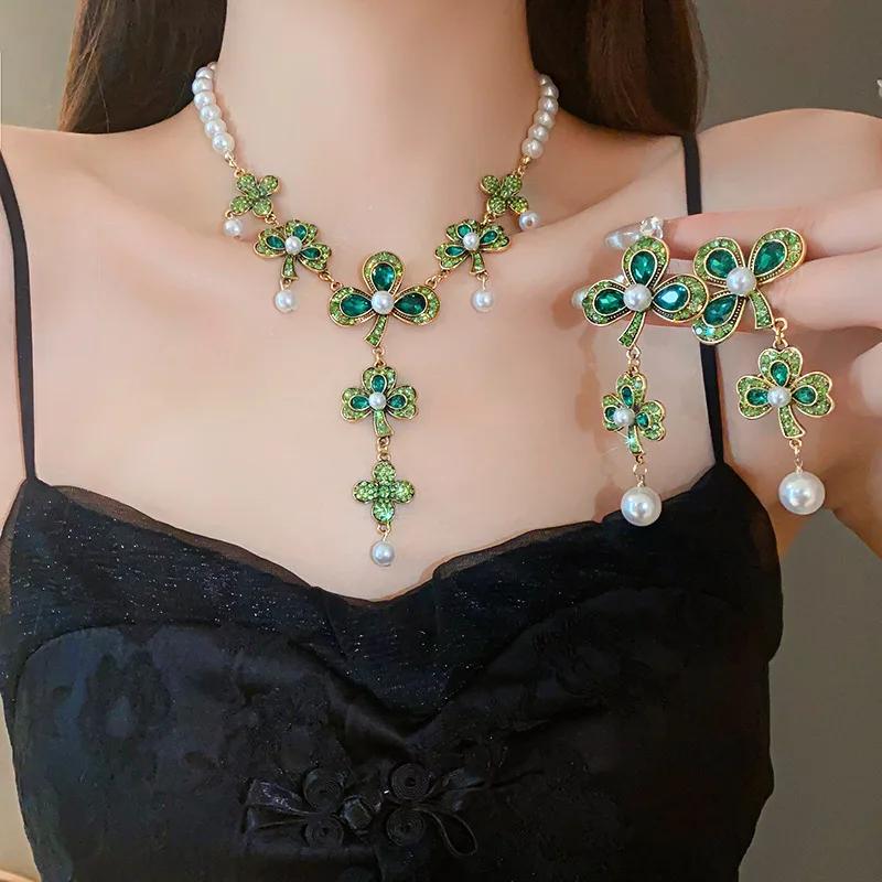 Vintage Long Flower Zircon Necklace Earrings For Women Green Crystal Earrings Banquet Weddings Zircon Sets