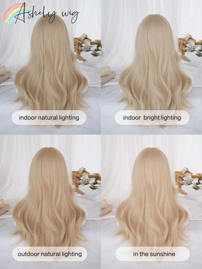 Synthetic Heat-Resistant Long Natural Wave Blonde Wigs with Bangs 24 Inches LongFor Daily Use Natural Realistic False Hairpiece