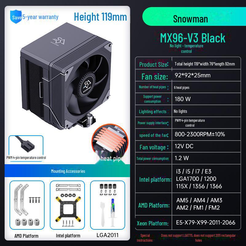 SNOWMAN Bingman MX96 Silent Heat Pipe CPU Cooler, Air Cooled for Computer Fans, Compatible with AMD, X99, LGA 1700, 2011, with 6 Heat Pipes.