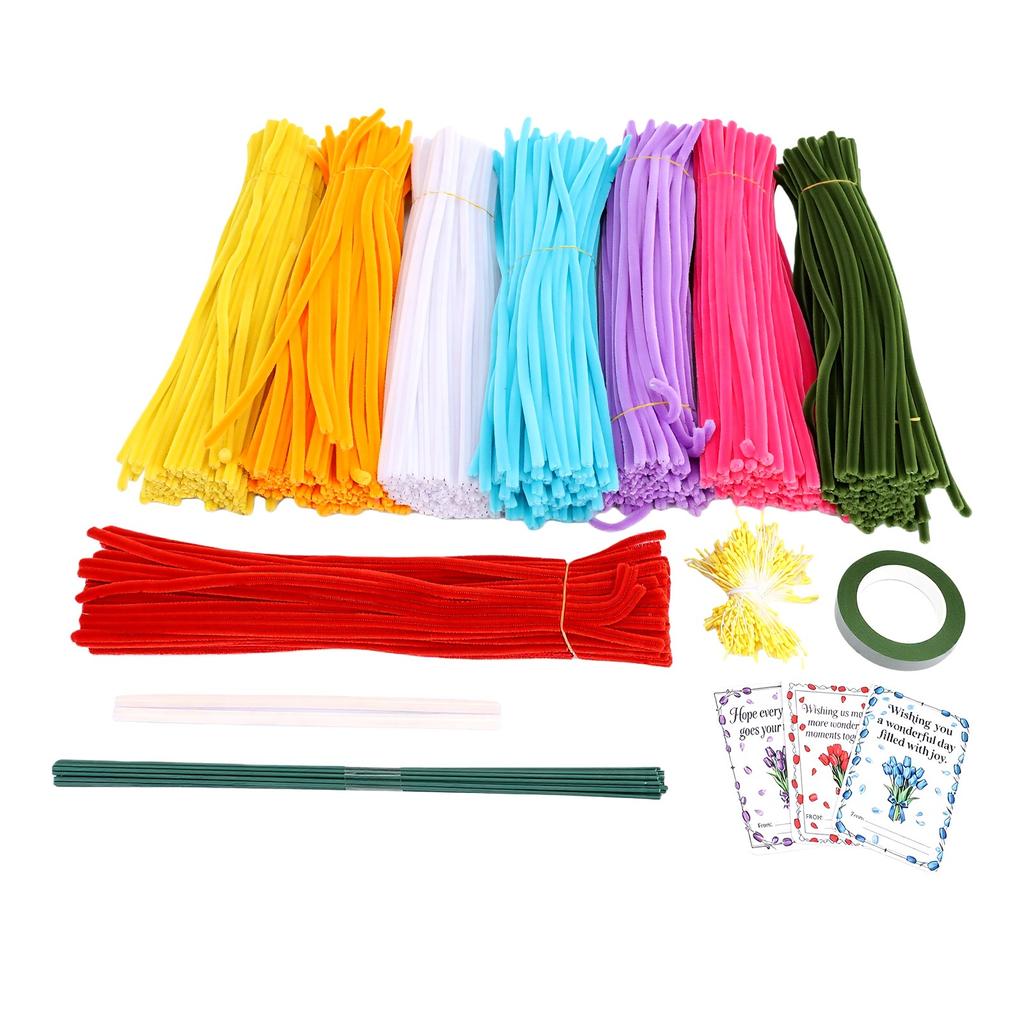 800 Pcs 8 Colors Pipe Cleaner Bulk Craft Flower Making Kit Pipe Cleaners Bouquet Kit with 150 Pcs Stamens 3 Pcs