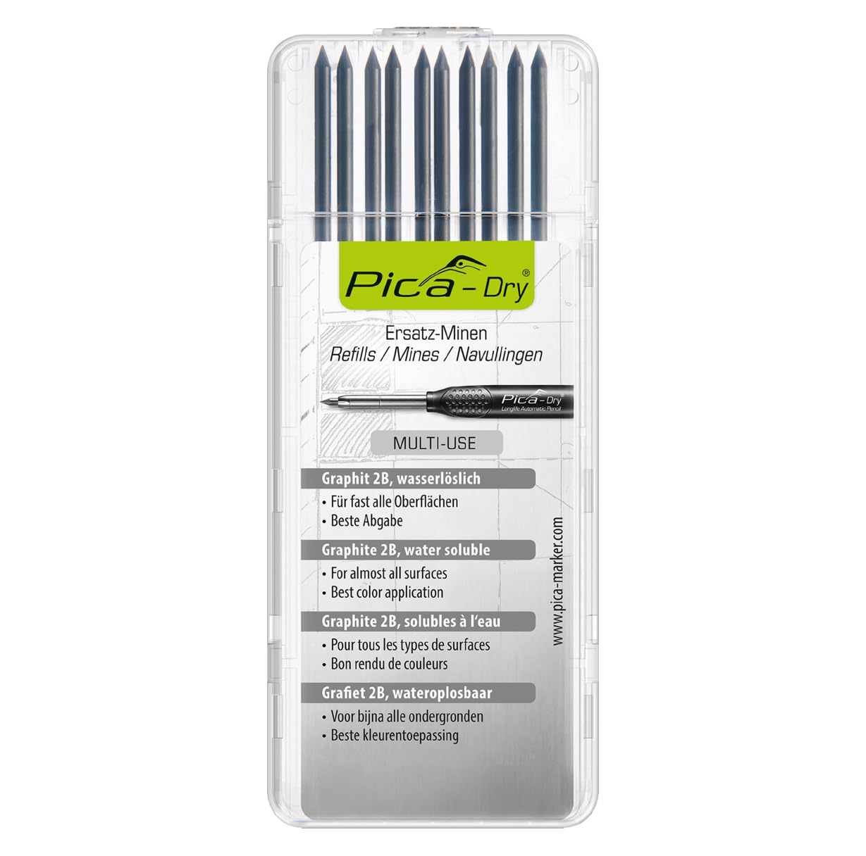 Маркер-карандаш Pica Architectural Mechanical Pencil Черный 4030 Сменные стержни, упаковка 10 шт., 2B, серый