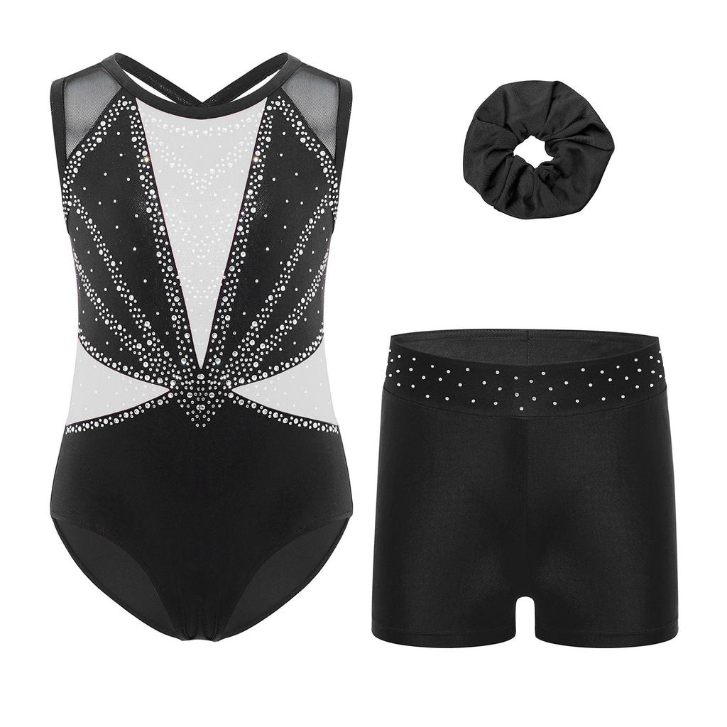 Girls Dance Gymnastics Outfit Sleeveless Crisscross Back Shiny Rhinestones Color Block Metallic Leotard Elastic Waistband Short